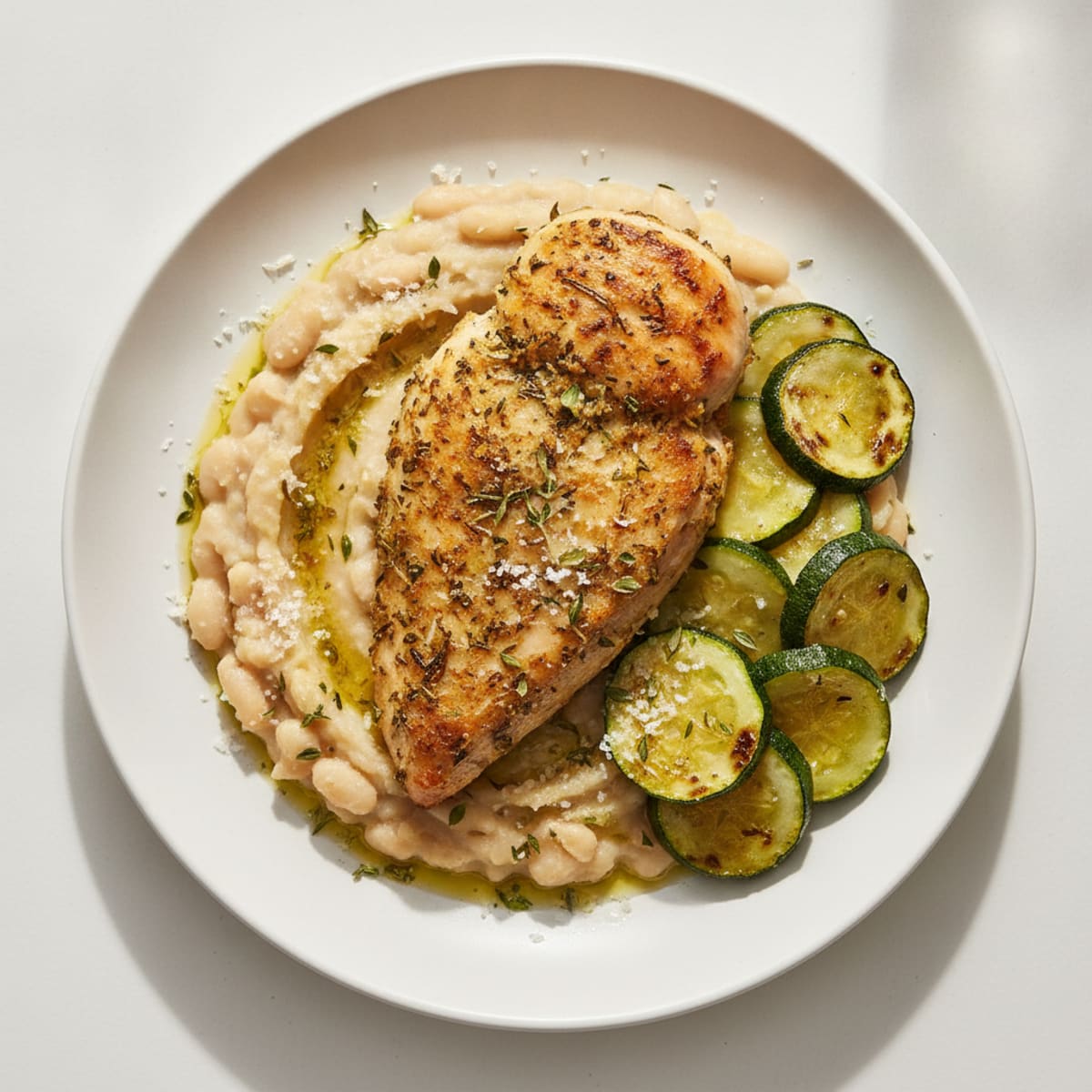 Oven-Baked Herb Chicken Breast with Roasted Courgette and White Bean Mash