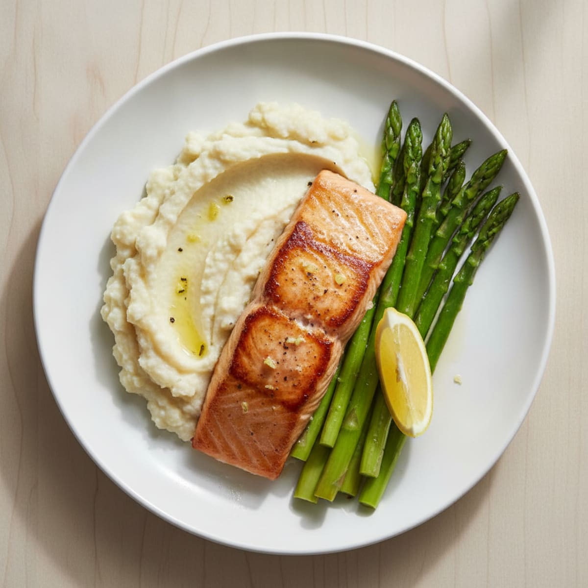 Seared Salmon with Steamed Asparagus and Garlic Cauliflower Mash
