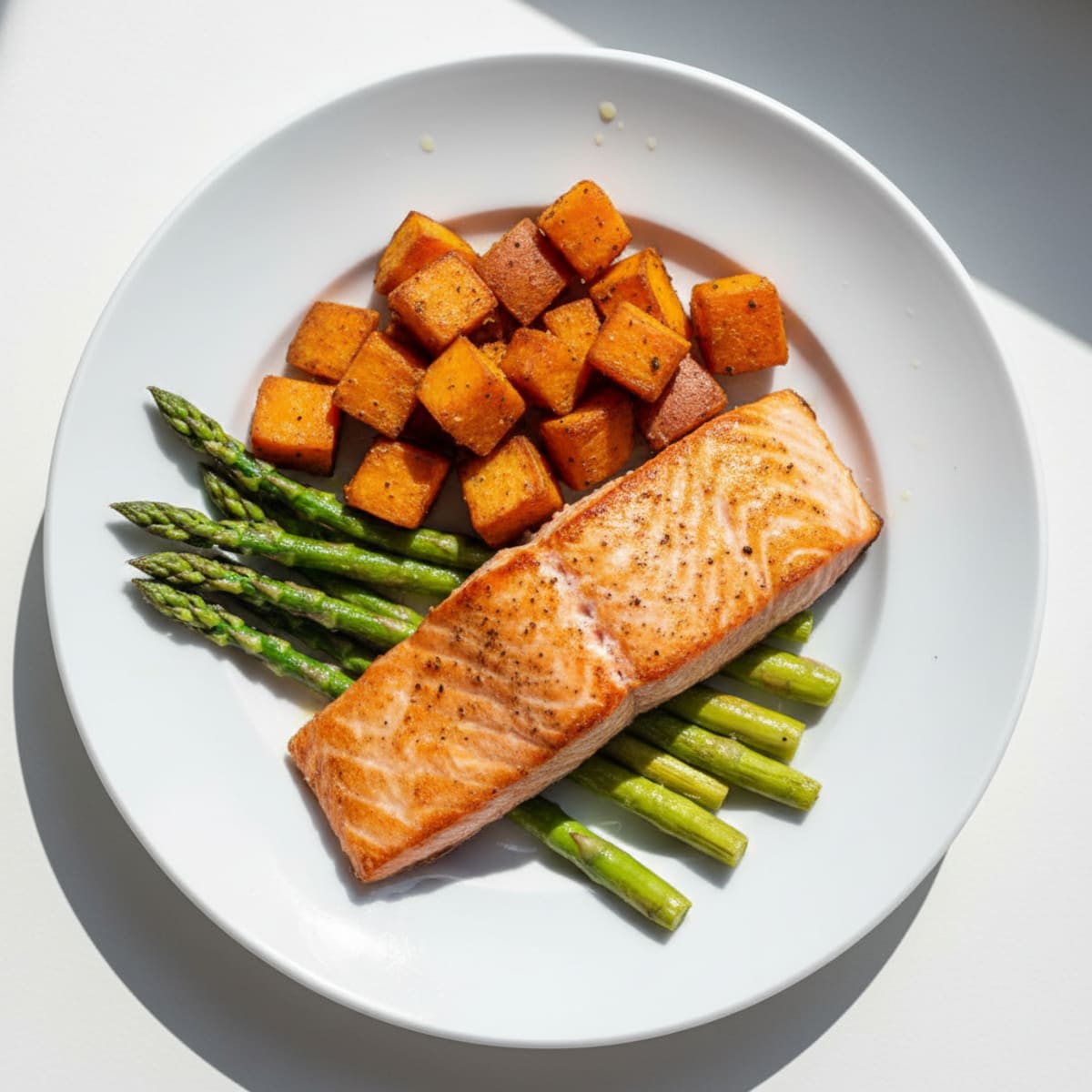 Seared Salmon with Roasted Sweet Potatoes and Asparagus