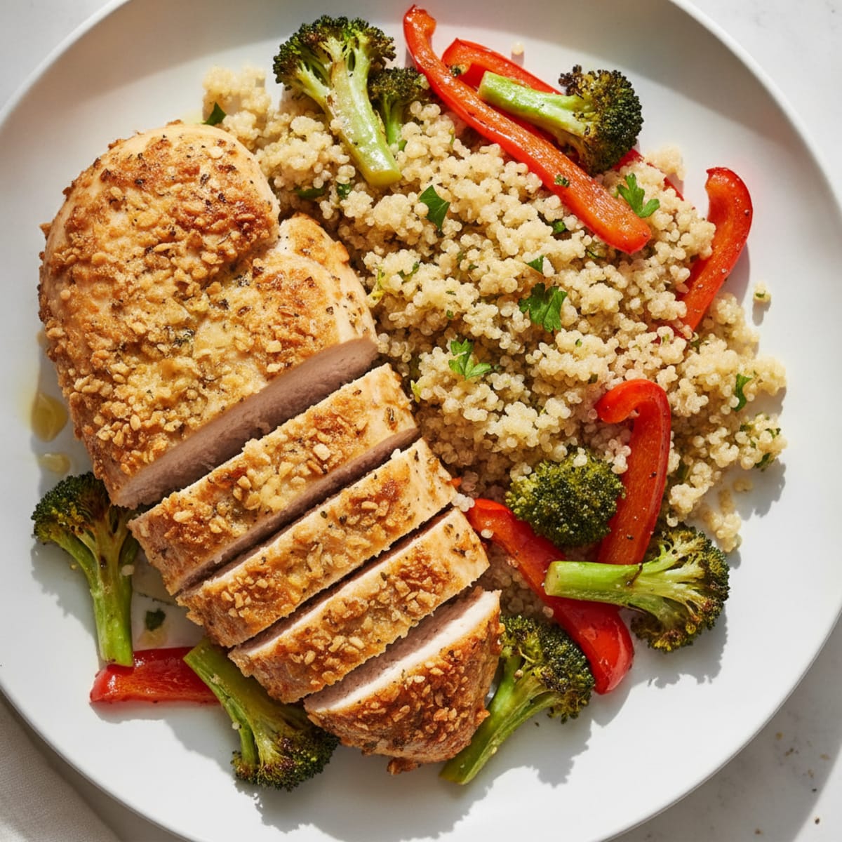 Crispy Chicken Breast with Roasted Vegetables and Herb Quinoa