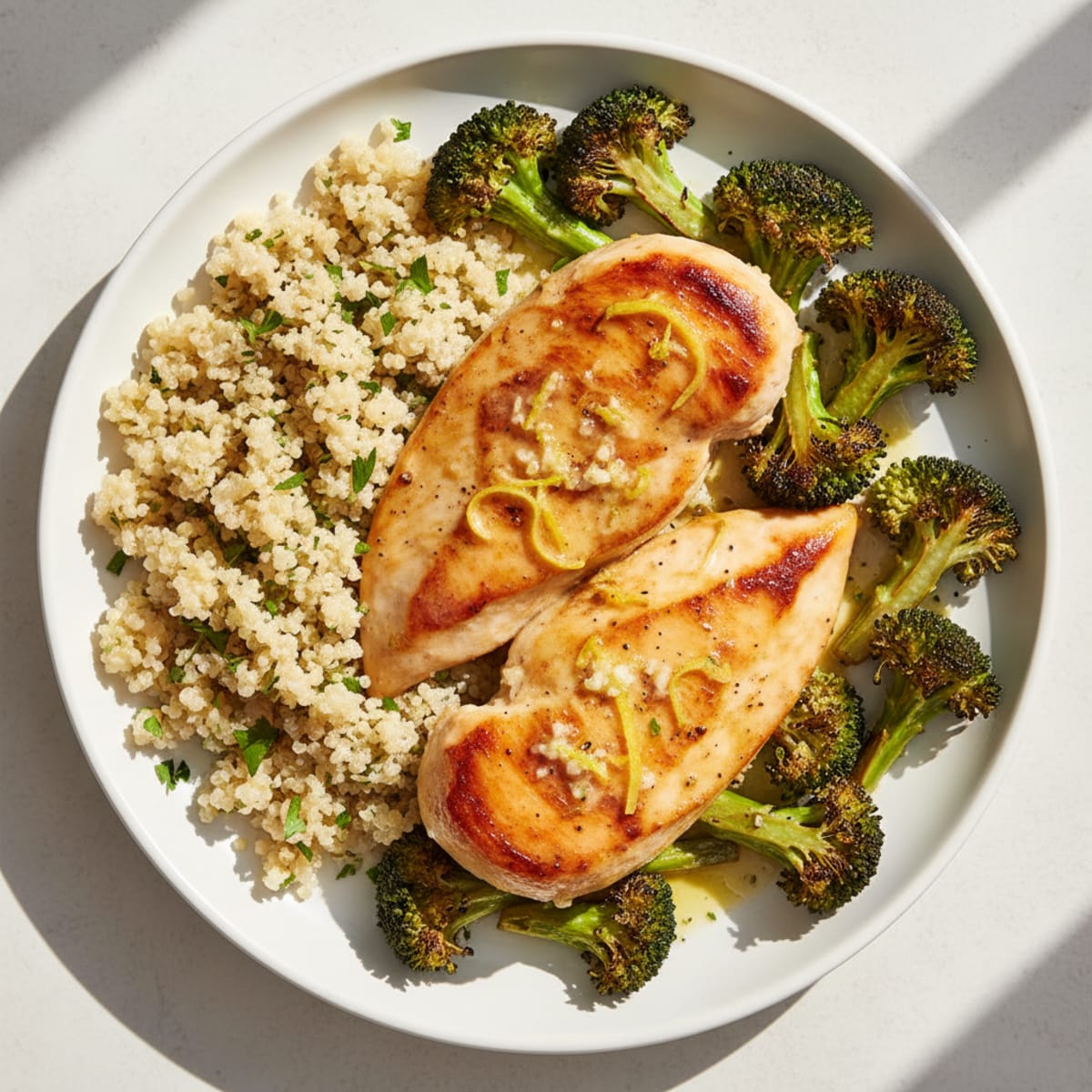 Seared Lemon-Garlic Chicken Breast with Roasted Broccoli and Quinoa