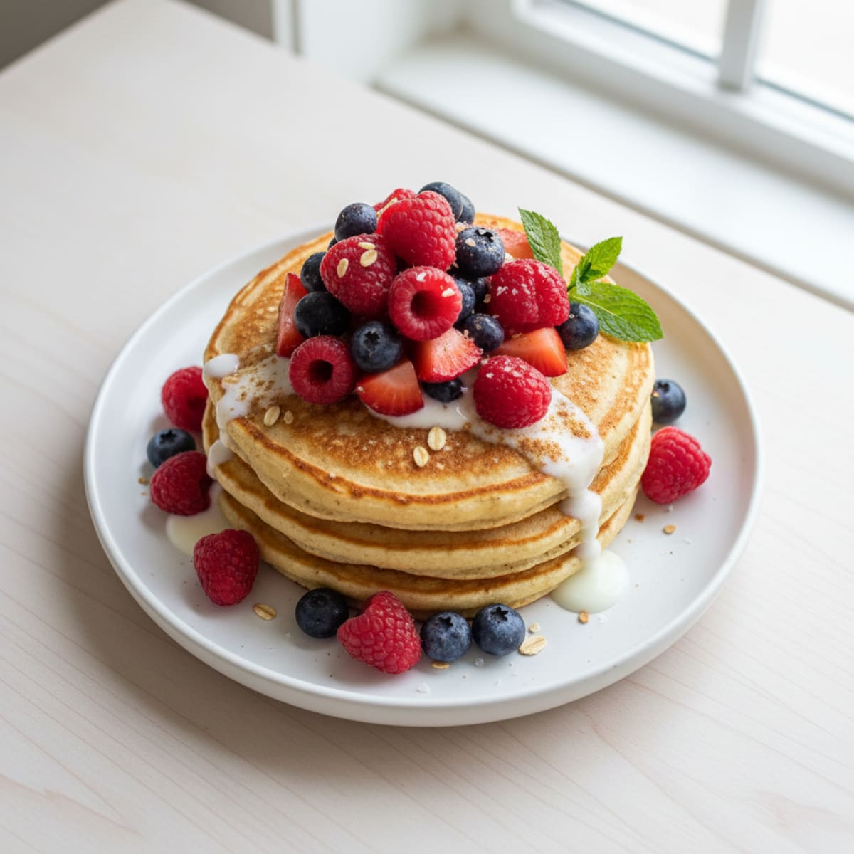 Fluffy High-Protein Buttermilk Pancakes with Fresh Berries