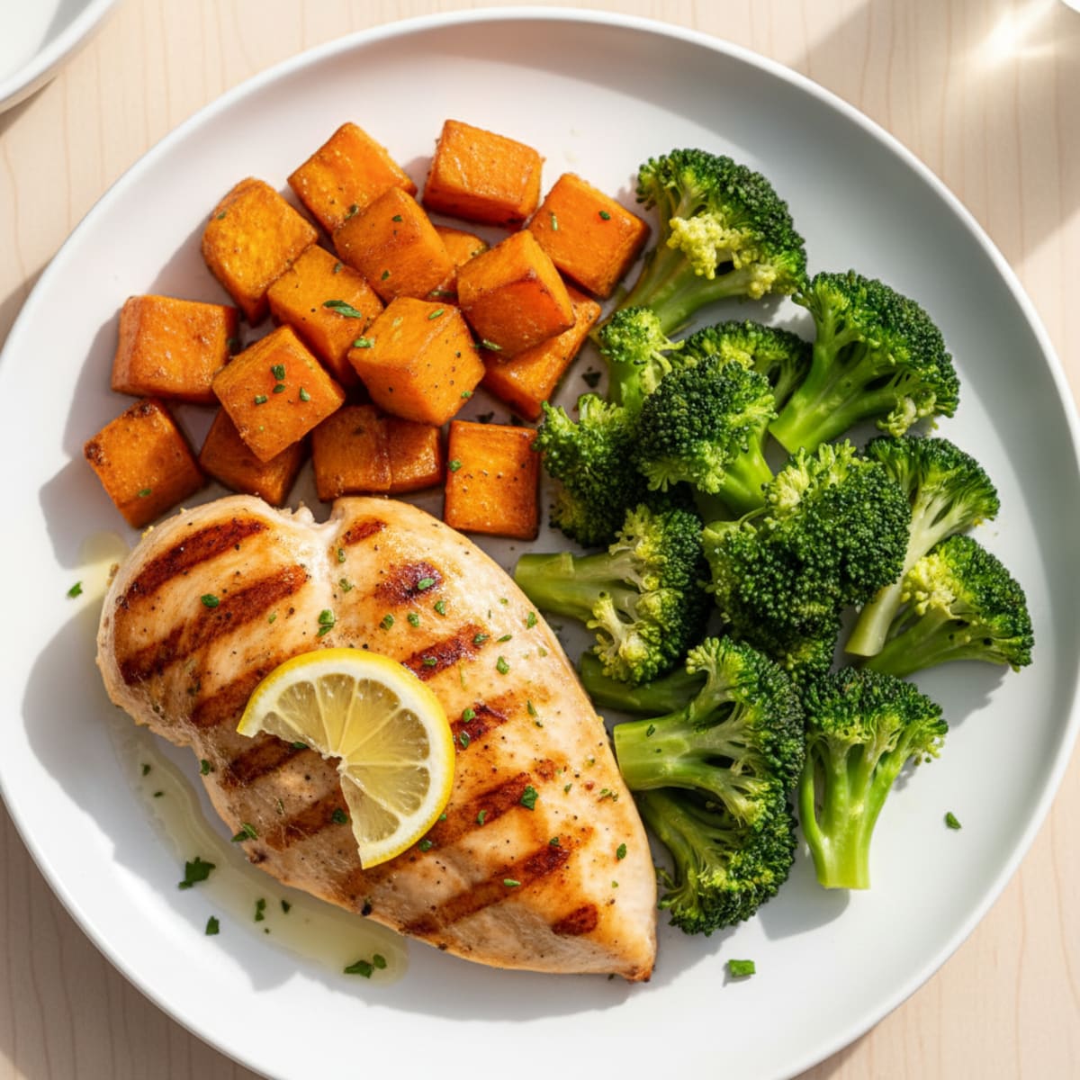 Grilled Chicken Breast with Roasted Sweet Potato and Steamed Broccoli
