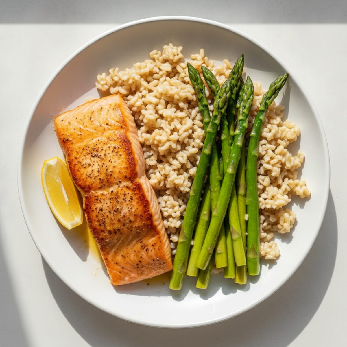 Seared Salmon with Steamed Asparagus and Brown Rice