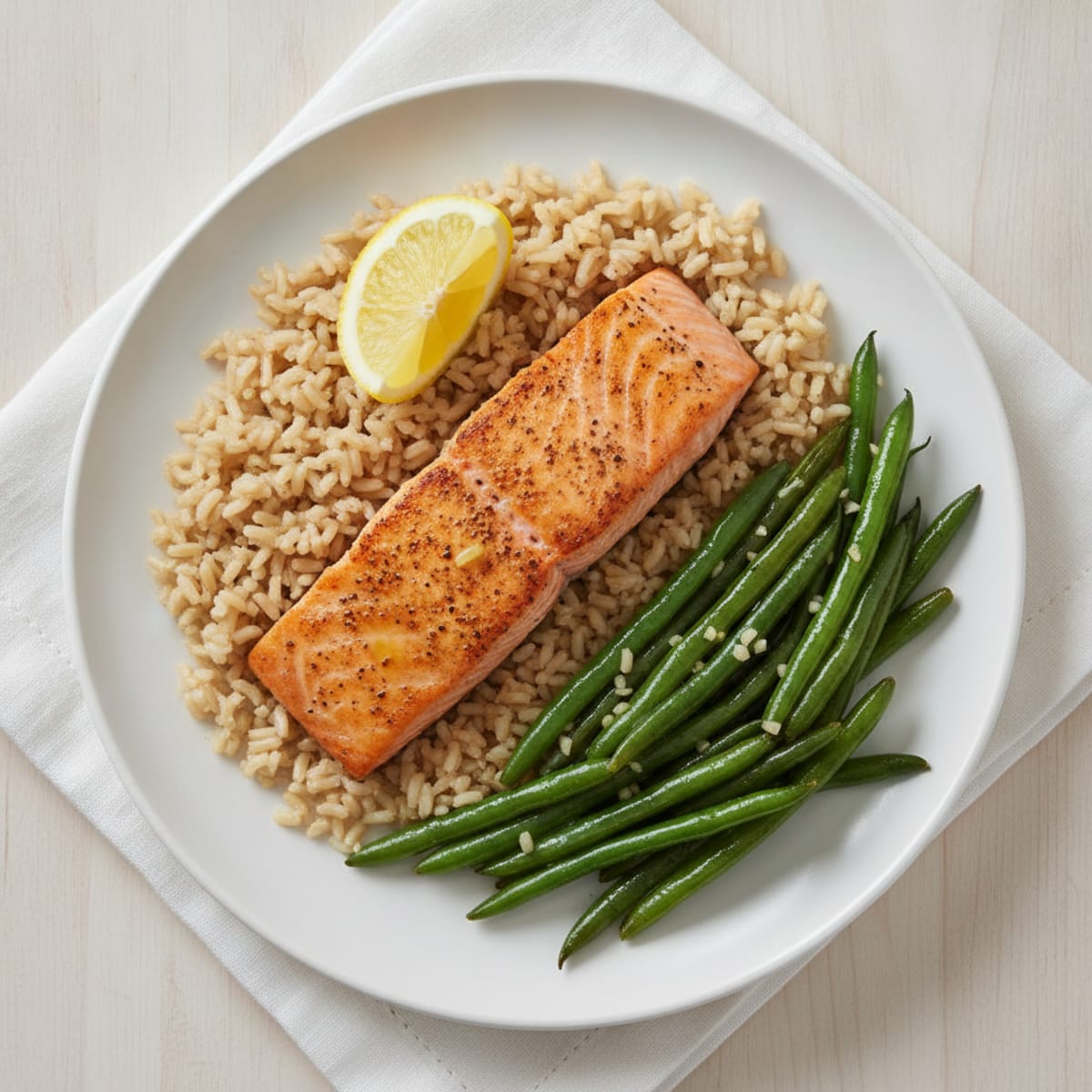 Seared Salmon Fillet with Garlic Green Beans and Brown Rice