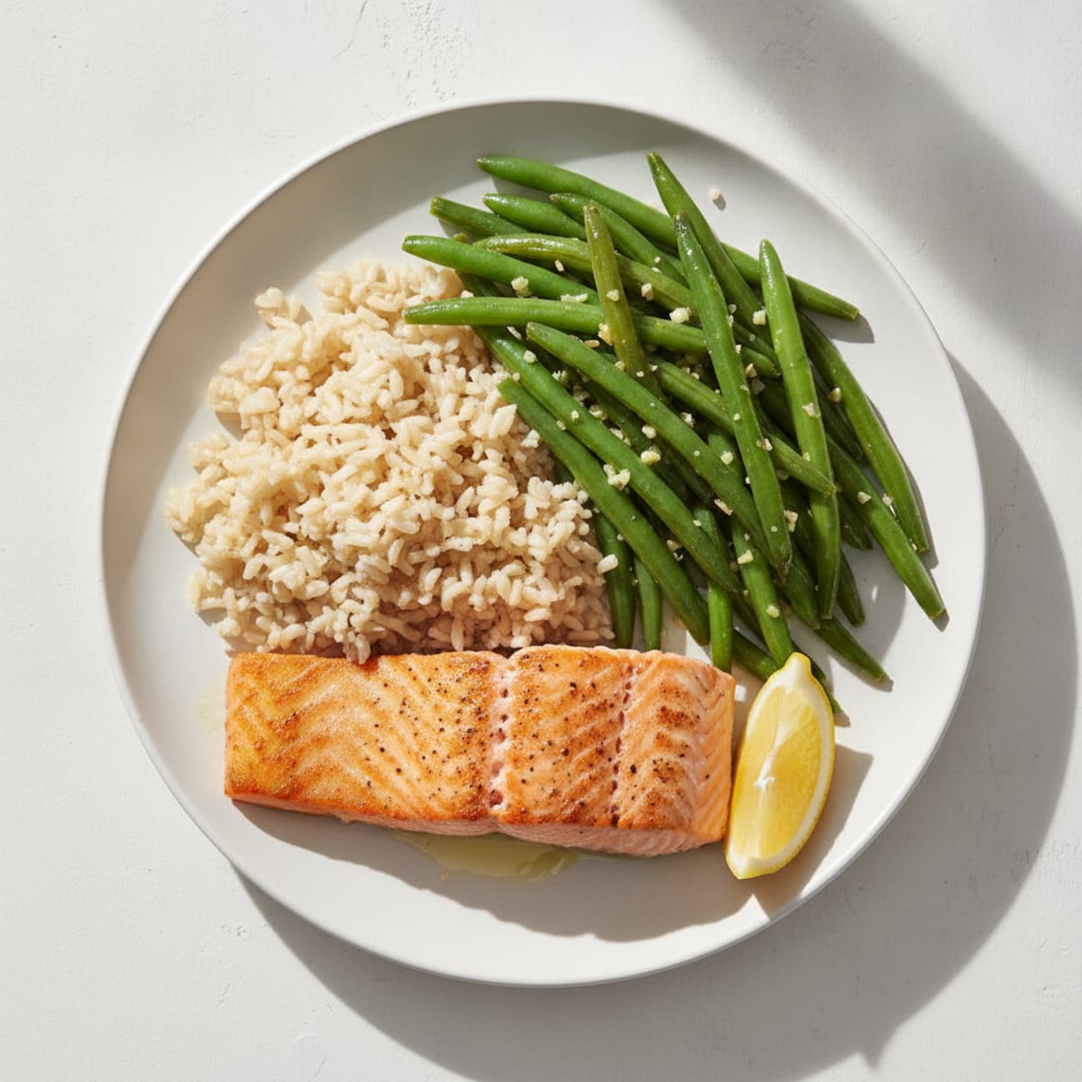 Seared Salmon Fillet with Garlic Green Beans and Brown Rice