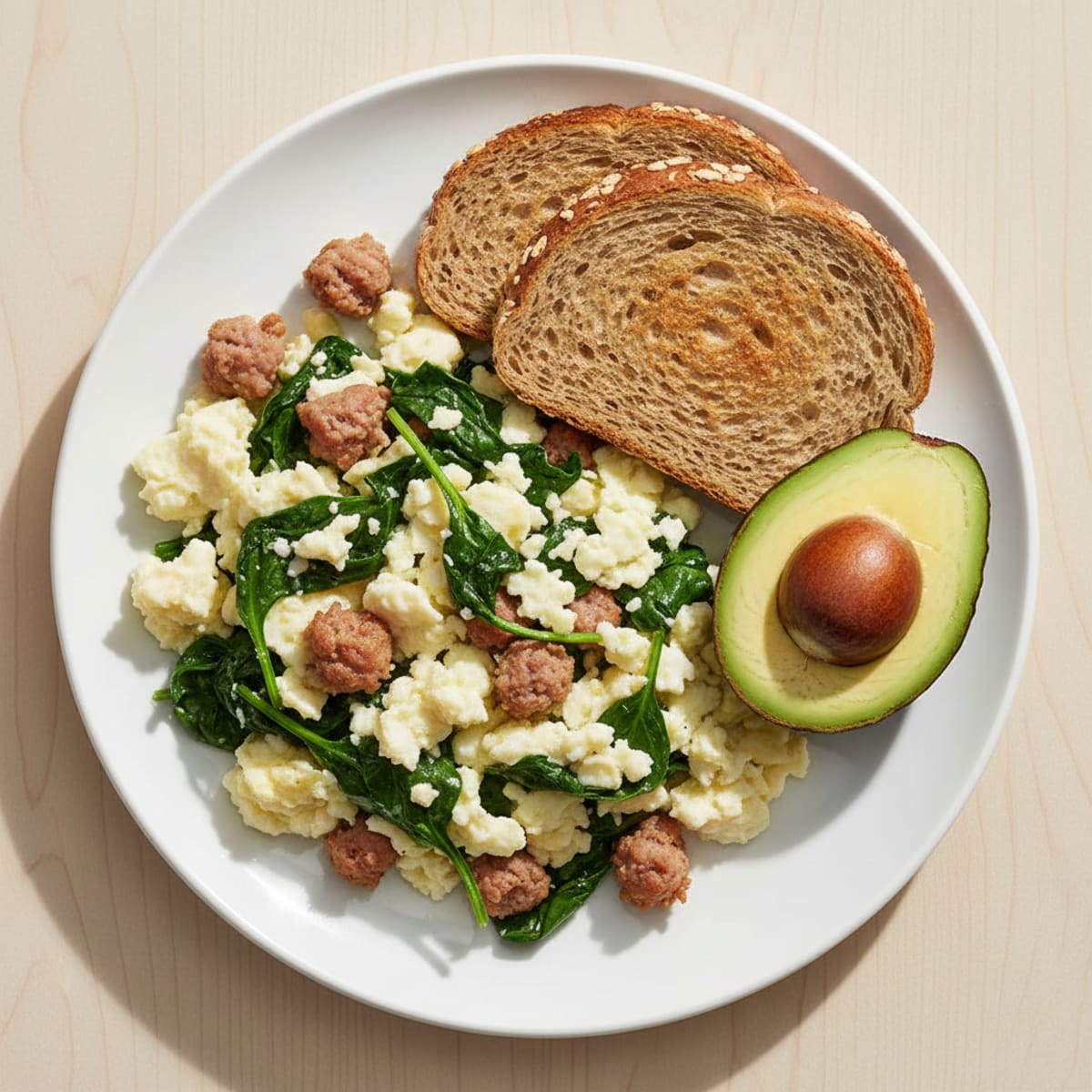 Egg White Scramble with Turkey Sausage and Sautéed Spinach
