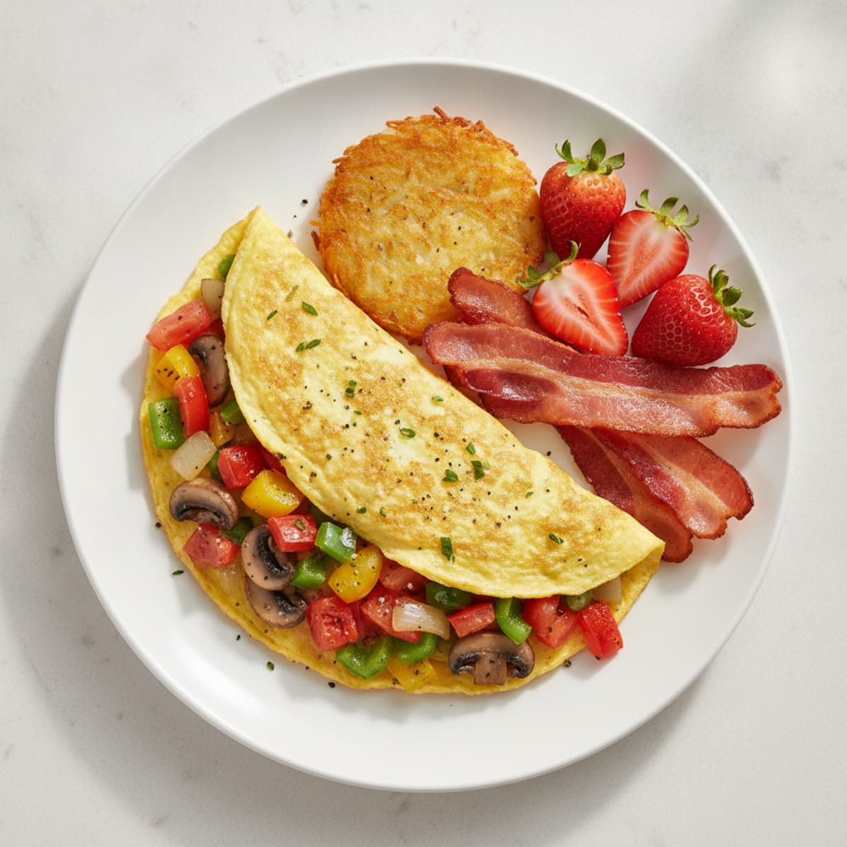 Garden Vegetable Omelette with Bacon and Hashbrown