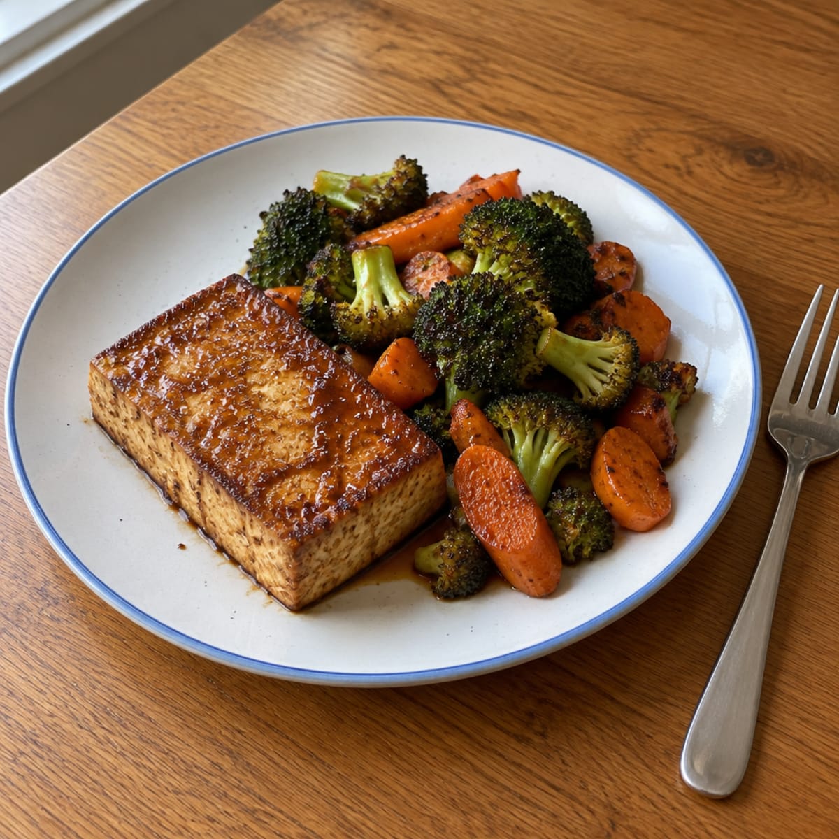 Pan-seared tofu with roasted vegetables