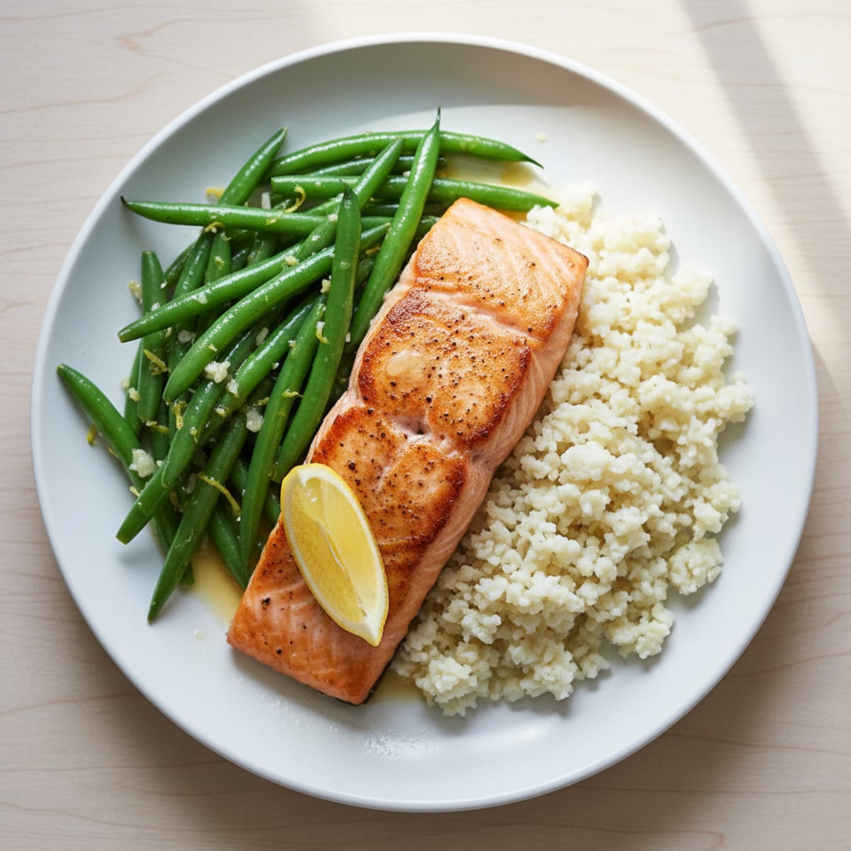 Seared Salmon with Lemon-Garlic Green Beans and Cauliflower Rice