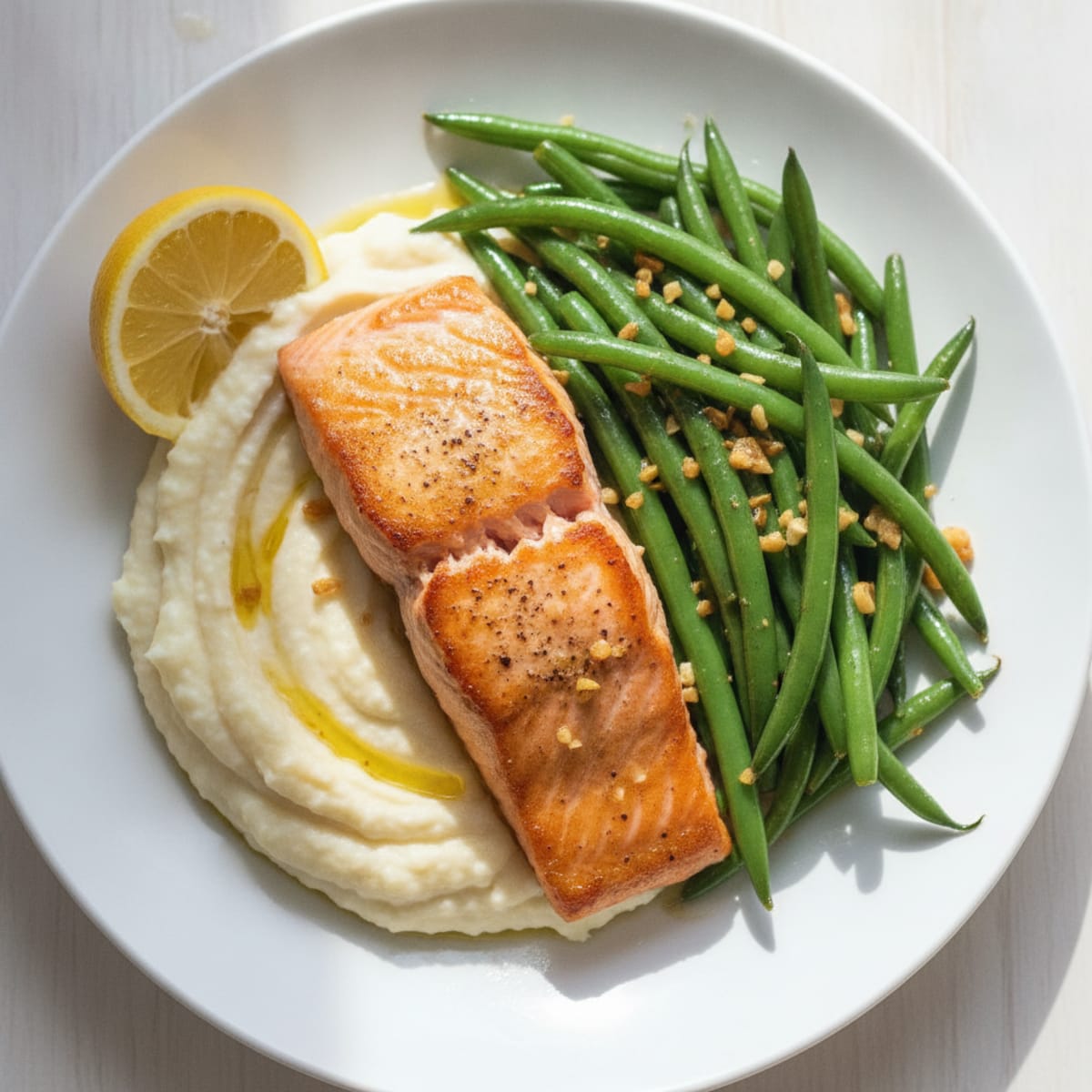 Seared Salmon with Garlic Green Beans and Cauliflower Mash
