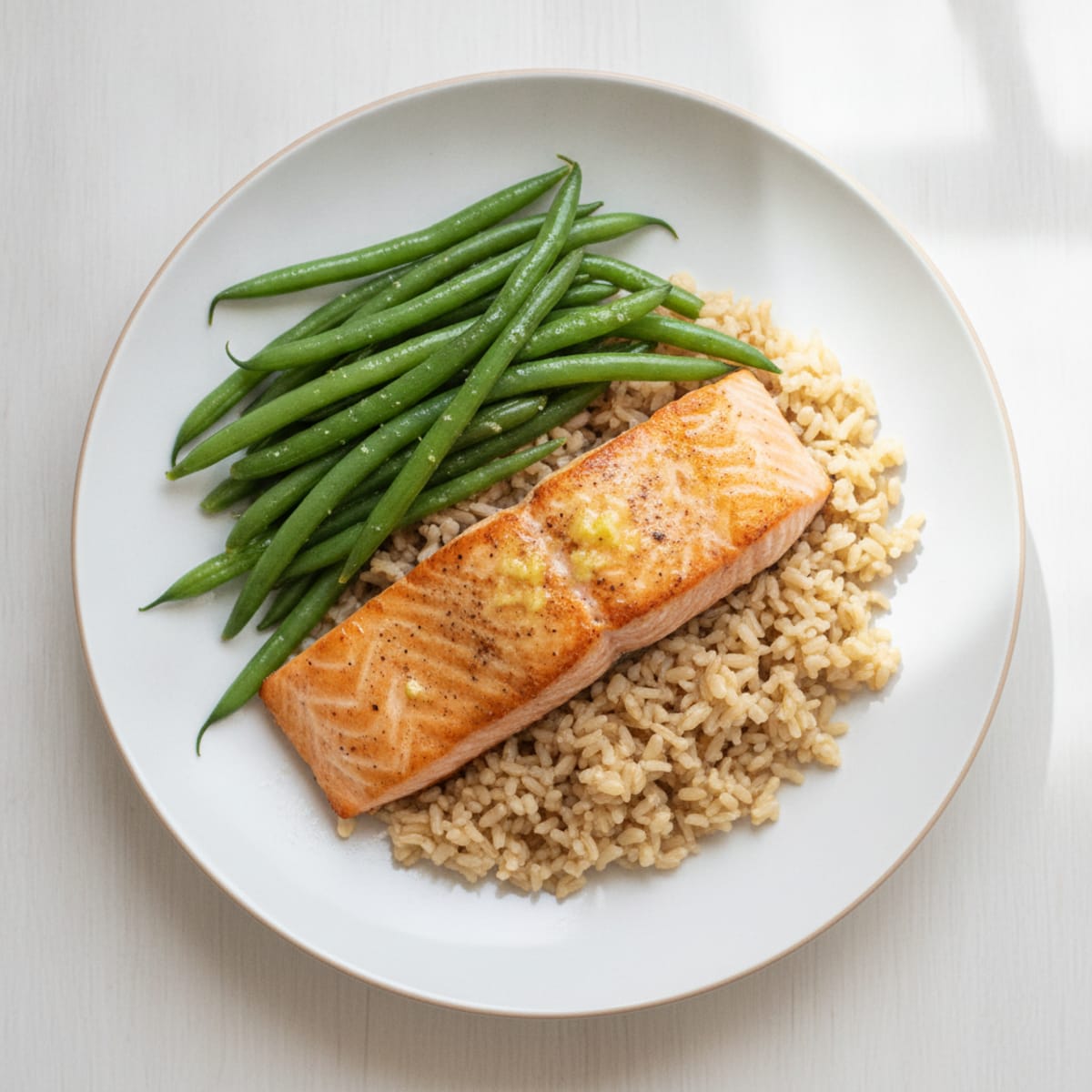 Seared Salmon with Steamed Green Beans and Brown Rice