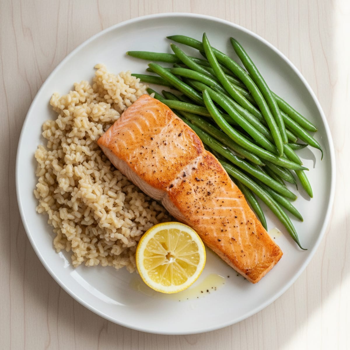 Seared Salmon with Steamed Green Beans and Brown Rice