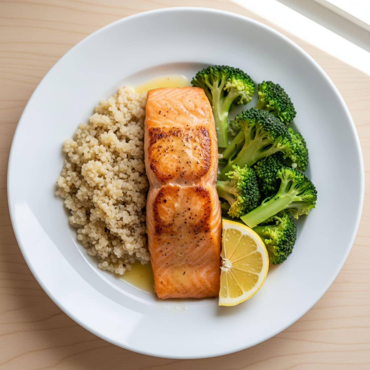 Seared Salmon Fillet with Steamed Broccoli and Quinoa