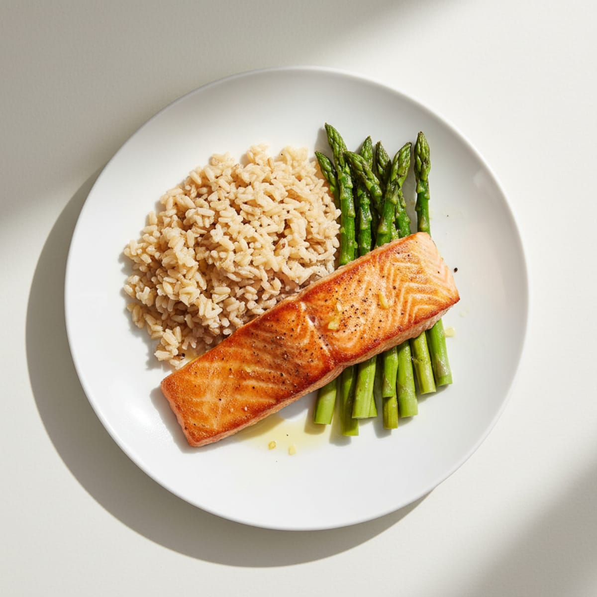 Seared Salmon Fillet with Steamed Asparagus and Brown Rice