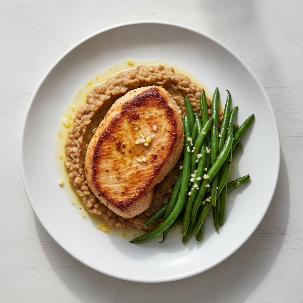 Seared Turkey Breast with Garlic Green Beans and Lentil Mash