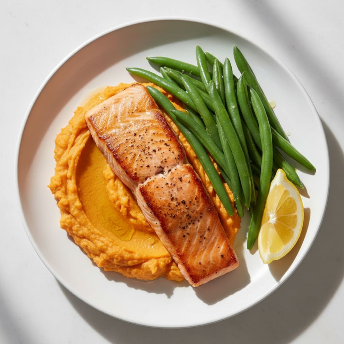 Seared Salmon with Steamed Green Beans and Mashed Sweet Potato