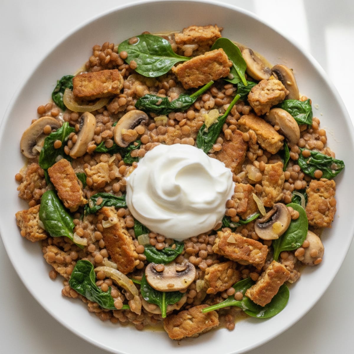 Creamy Lentil and Tempeh Skillet with Spinach and Mushrooms