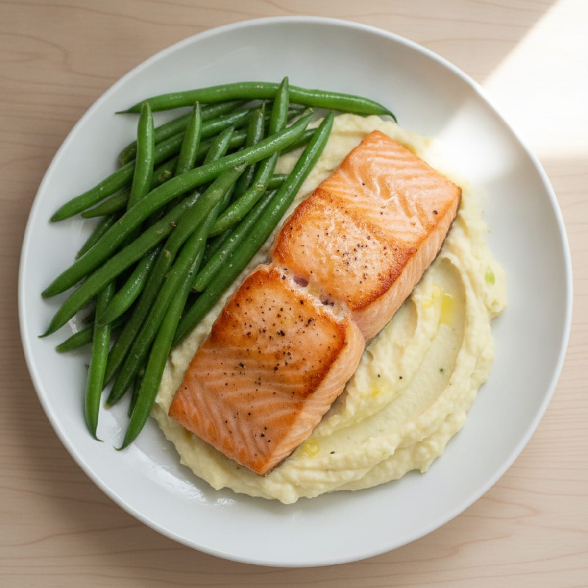 Seared Salmon with Steamed Green Beans and Garlic Cauliflower Mash