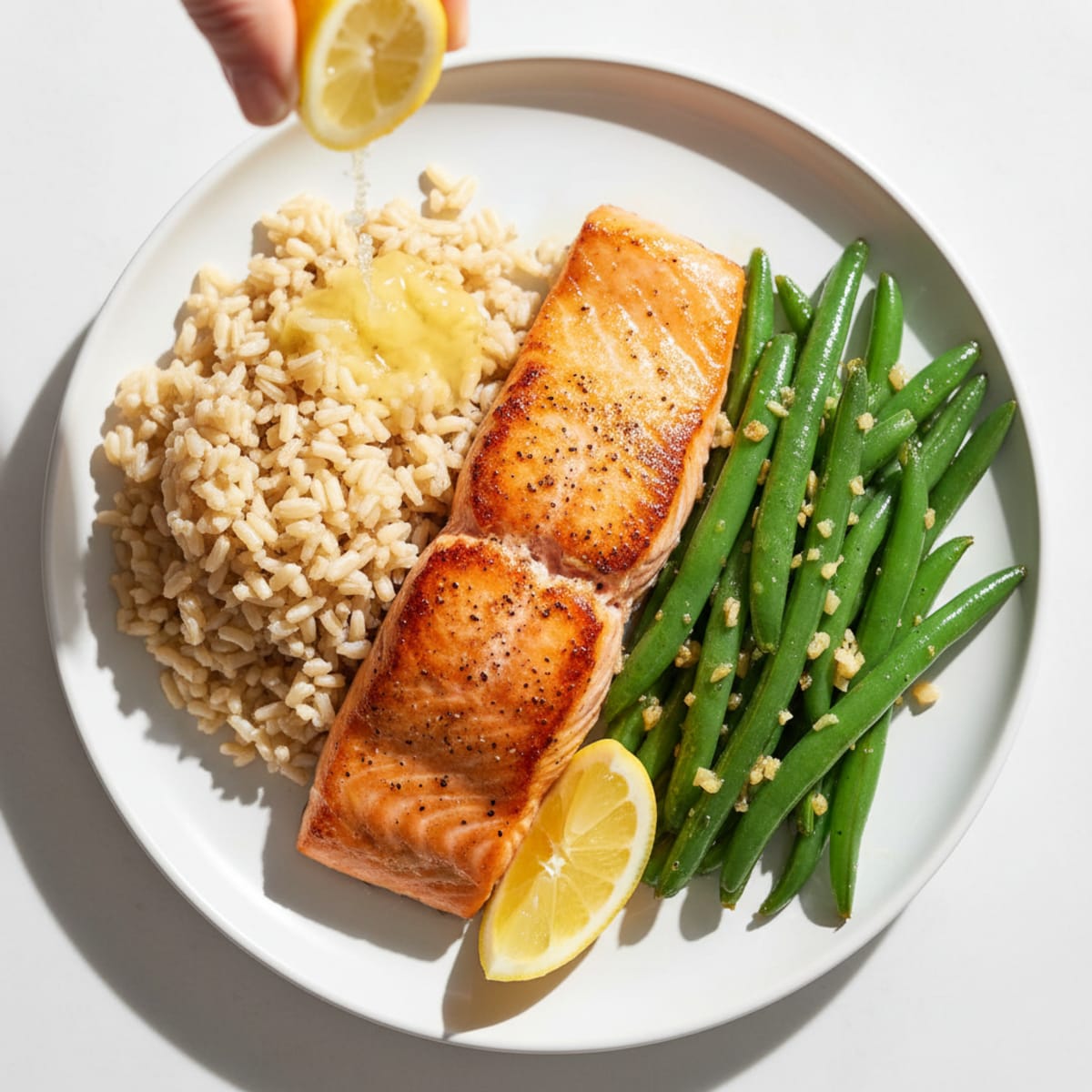 Seared Salmon Fillet with Garlic Green Beans and Brown Rice