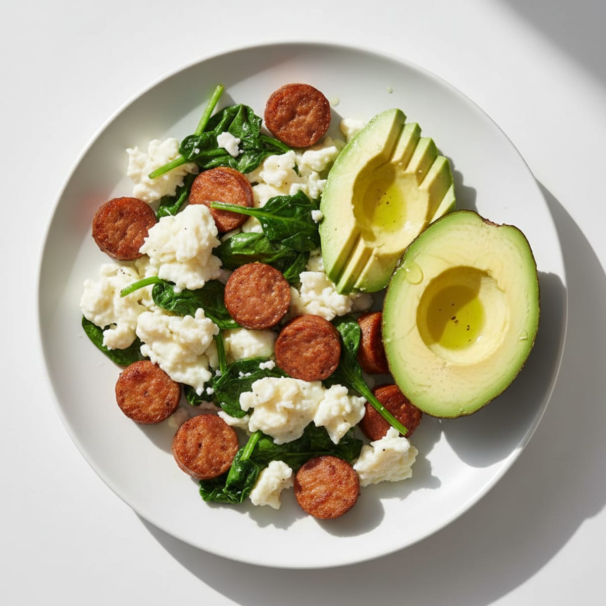 Egg White Scramble with Turkey Sausage and Sautéed Spinach