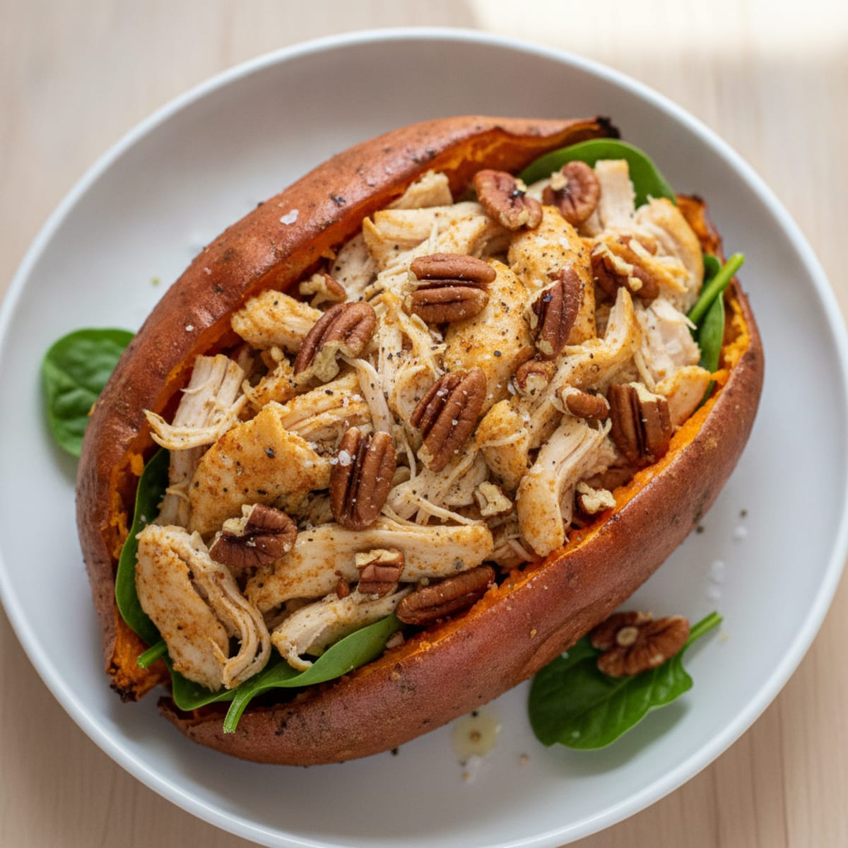 Shredded Chicken and Pecan Stuffed Sweet Potato