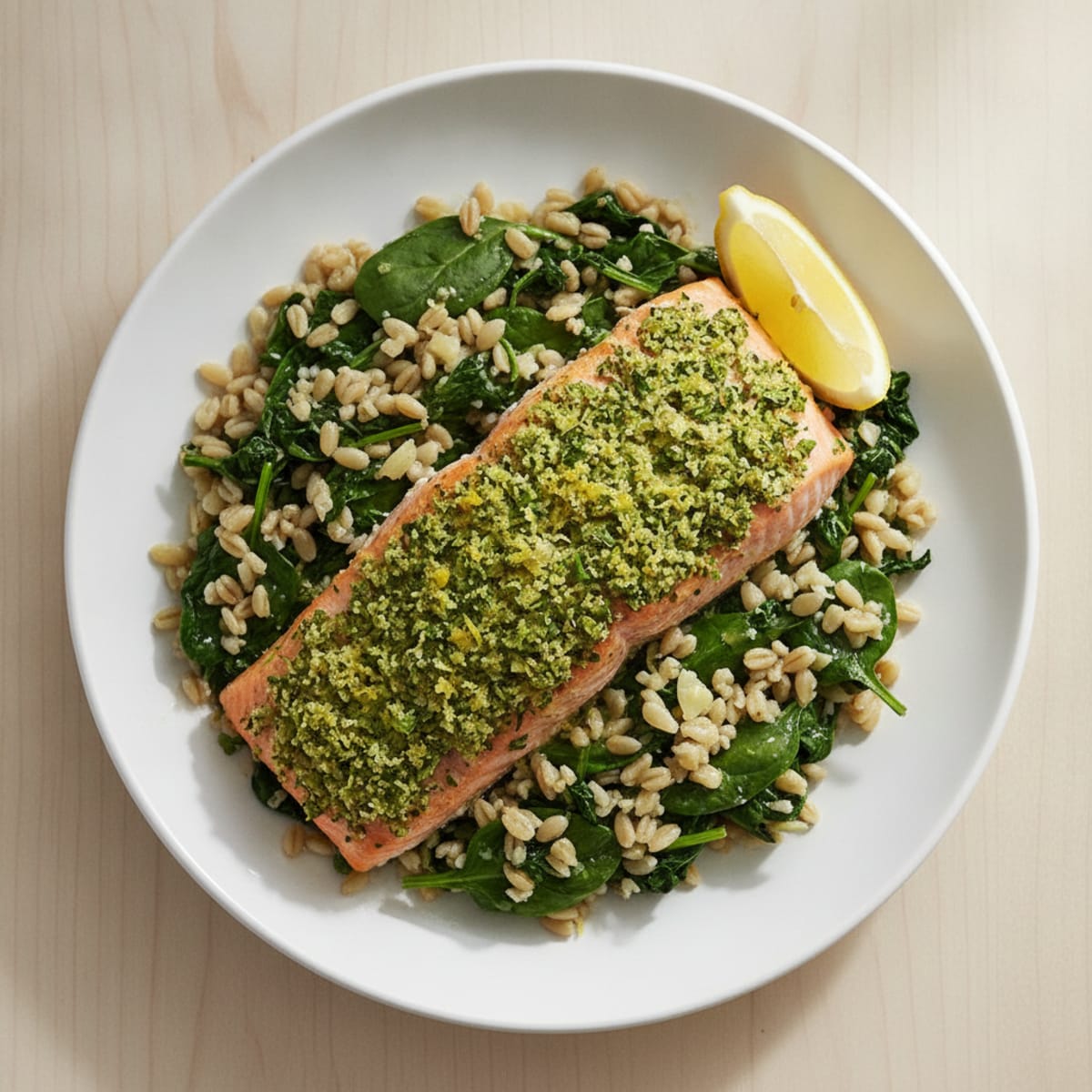 Herb-Crusted Baked Salmon with Sautéed Spinach and Farro