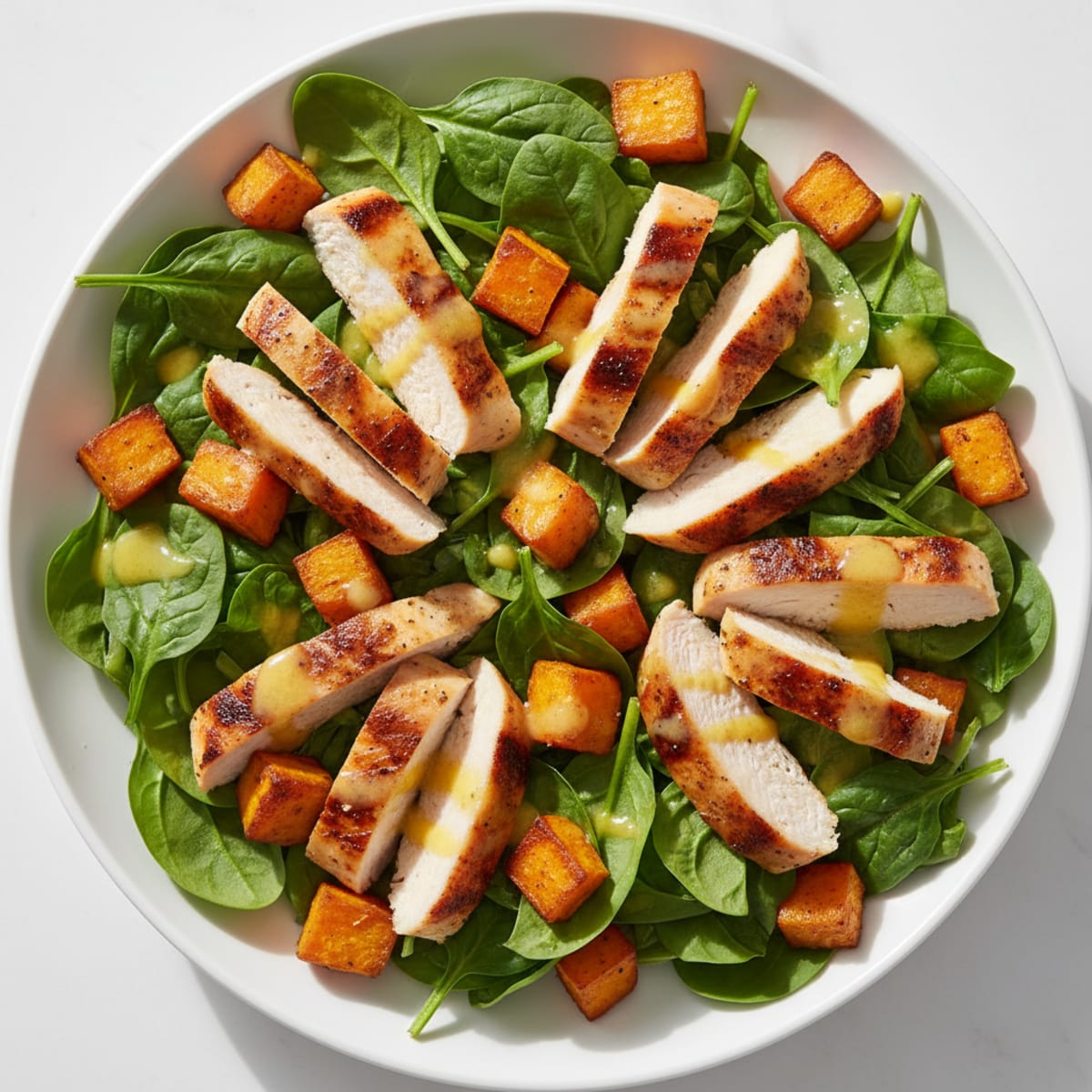 Grilled Chicken Salad with Roasted Sweet Potatoes and Spinach
