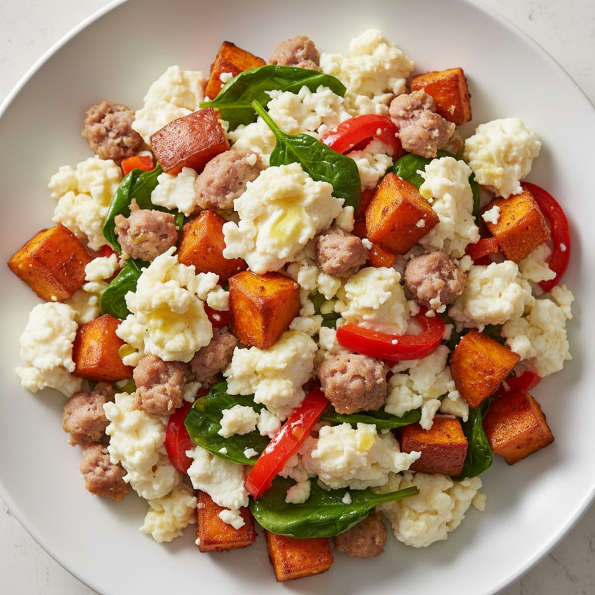 Egg White and Turkey Sausage Scramble with Roasted Sweet Potatoes