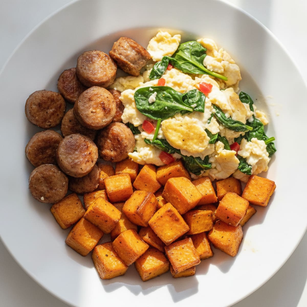 Egg White Scramble with Turkey Sausage and Roasted Sweet Potatoes