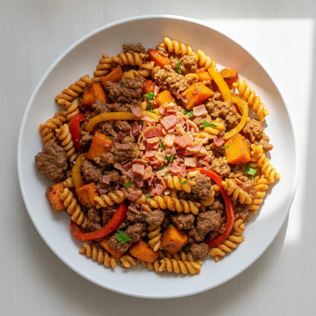 Sweet Potato and Ground Beef Protein Pasta Skillet