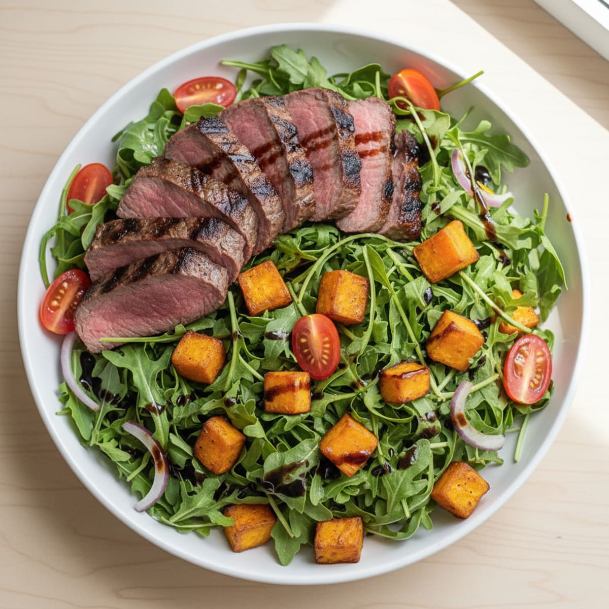 Grilled Steak Salad with Roasted Sweet Potatoes and Crunchy Greens