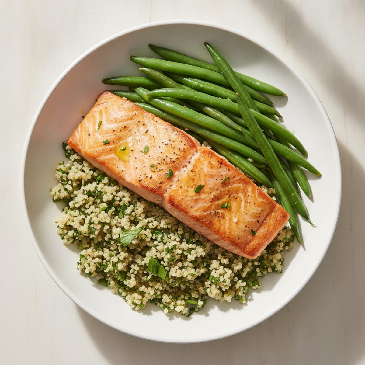 Seared Salmon Fillet with Steamed Green Beans and Herb Quinoa
