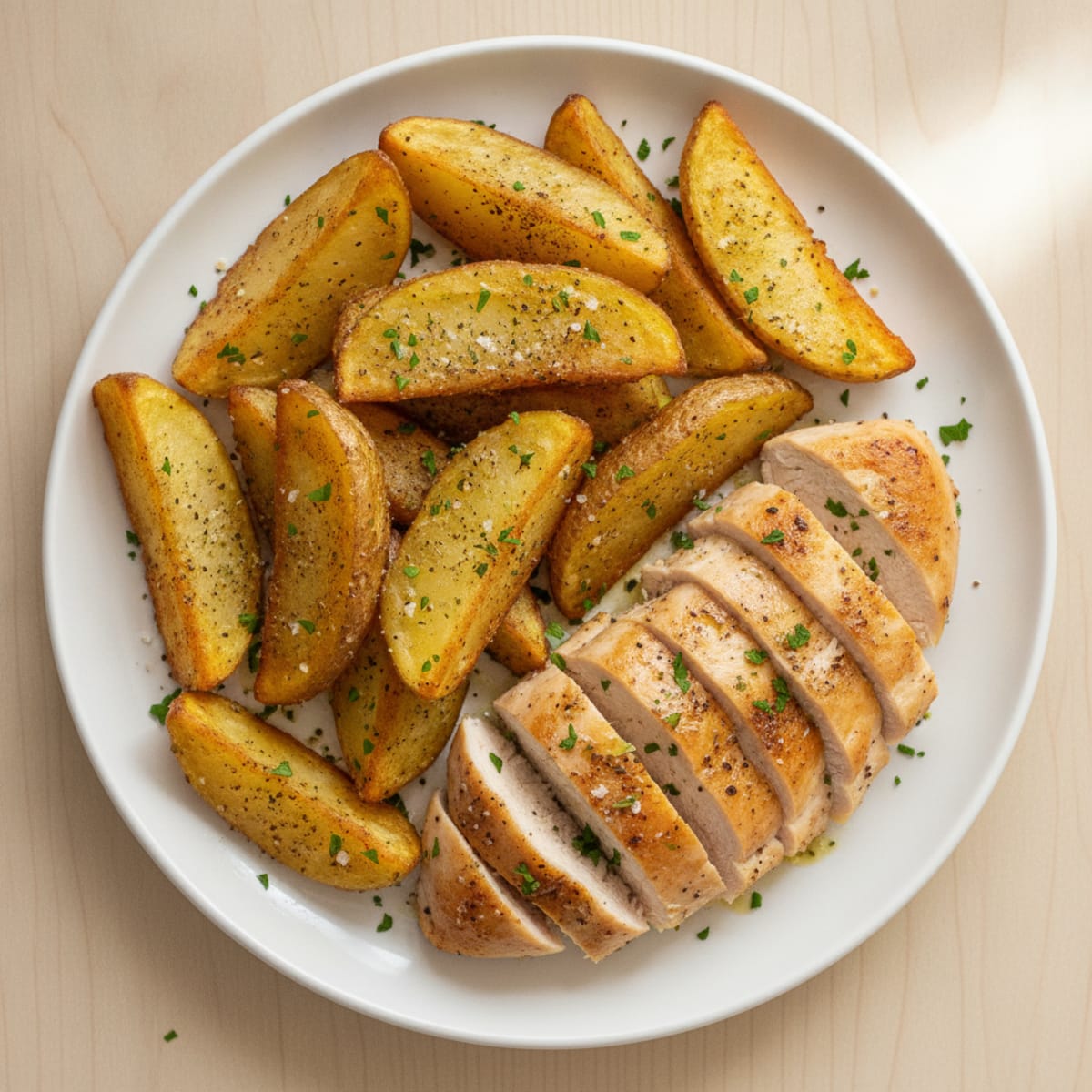 Air-Fried Garlic Herb Potato Wedges & Chicken