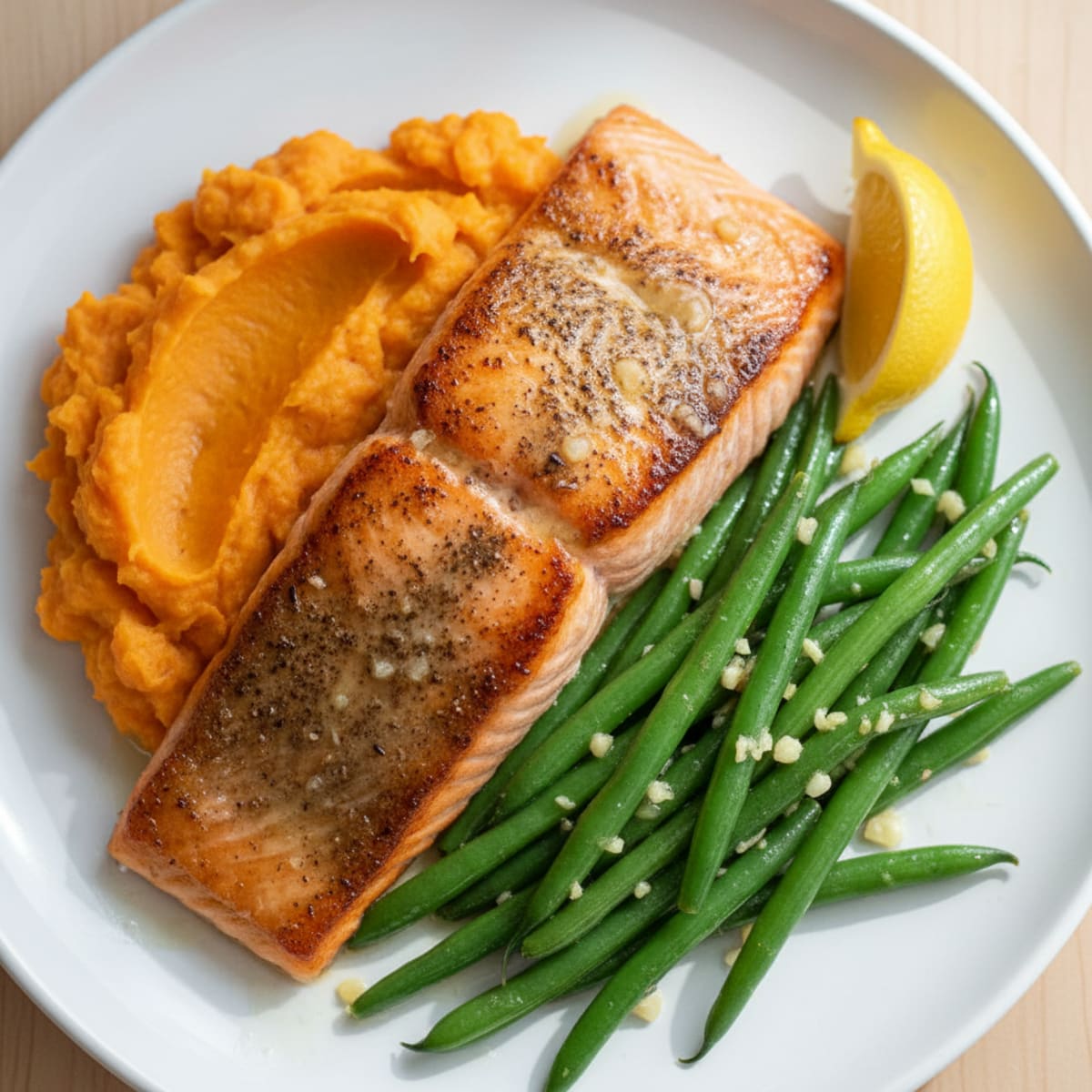Seared Salmon with Garlic Green Beans and Sweet Potato Mash