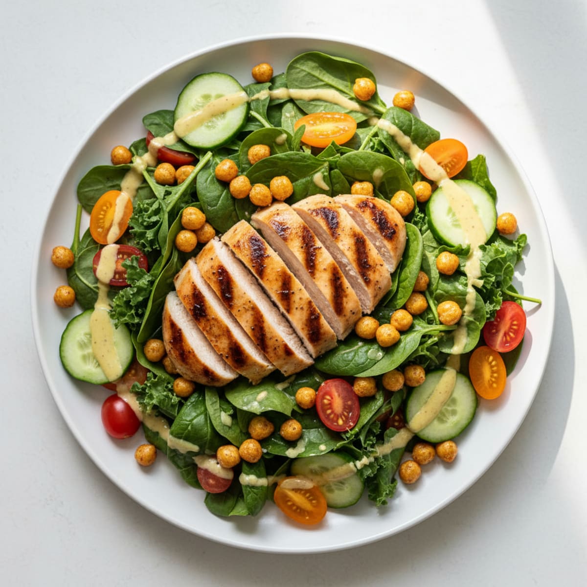 Grilled Chicken Salad with Crunchy Chickpeas and Lemon-Tahini Dressing