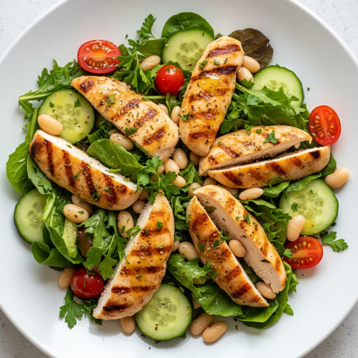 Grilled Chicken Breast Salad with Mixed Greens and White Beans