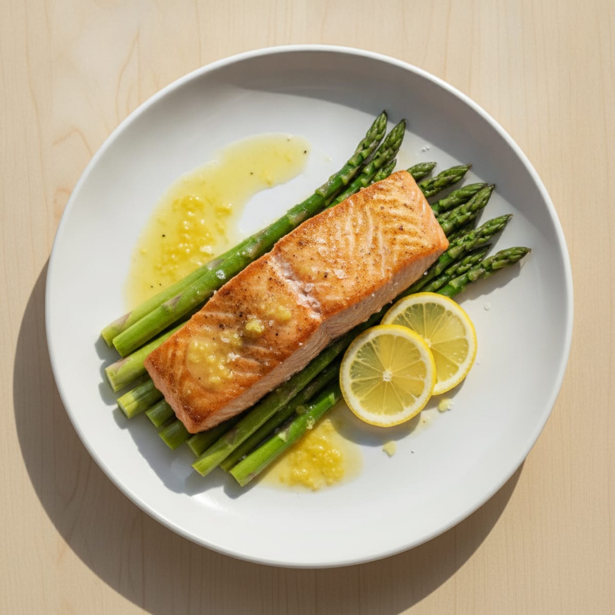 Seared Salmon Fillet with Steamed Asparagus and Lemon
