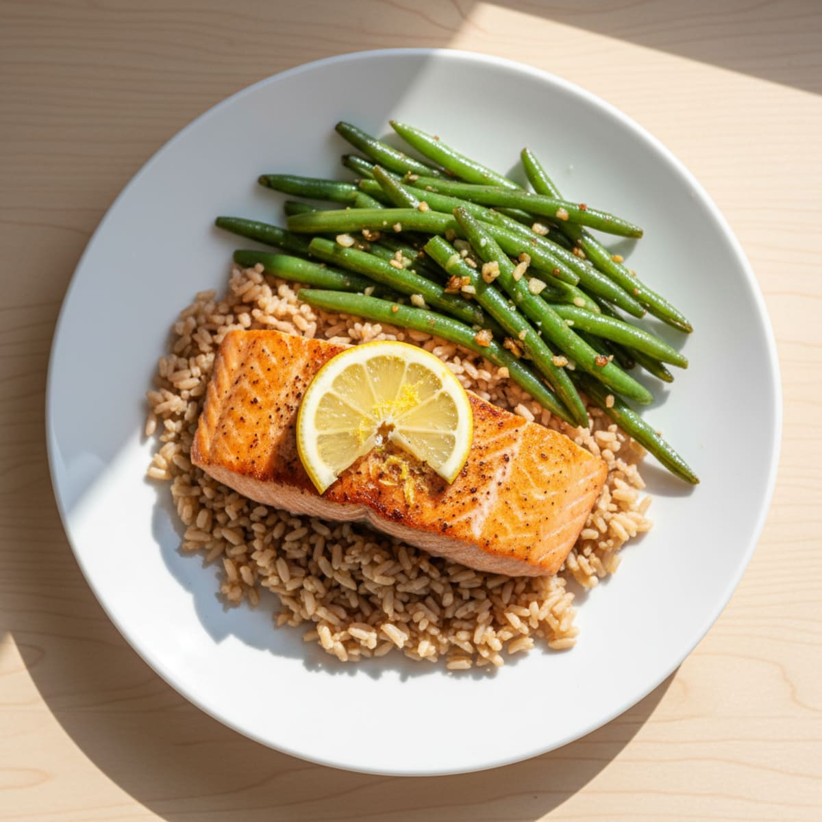 Seared Salmon with Garlic Green Beans and Brown Rice