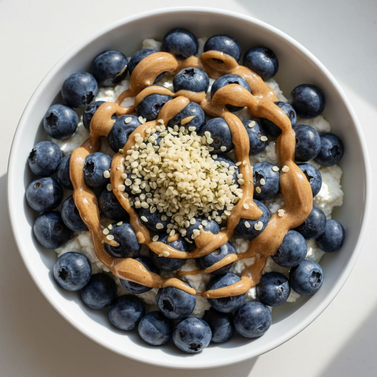 Cottage Cheese Berry Bowl with Almond Butter and Hemp Seeds