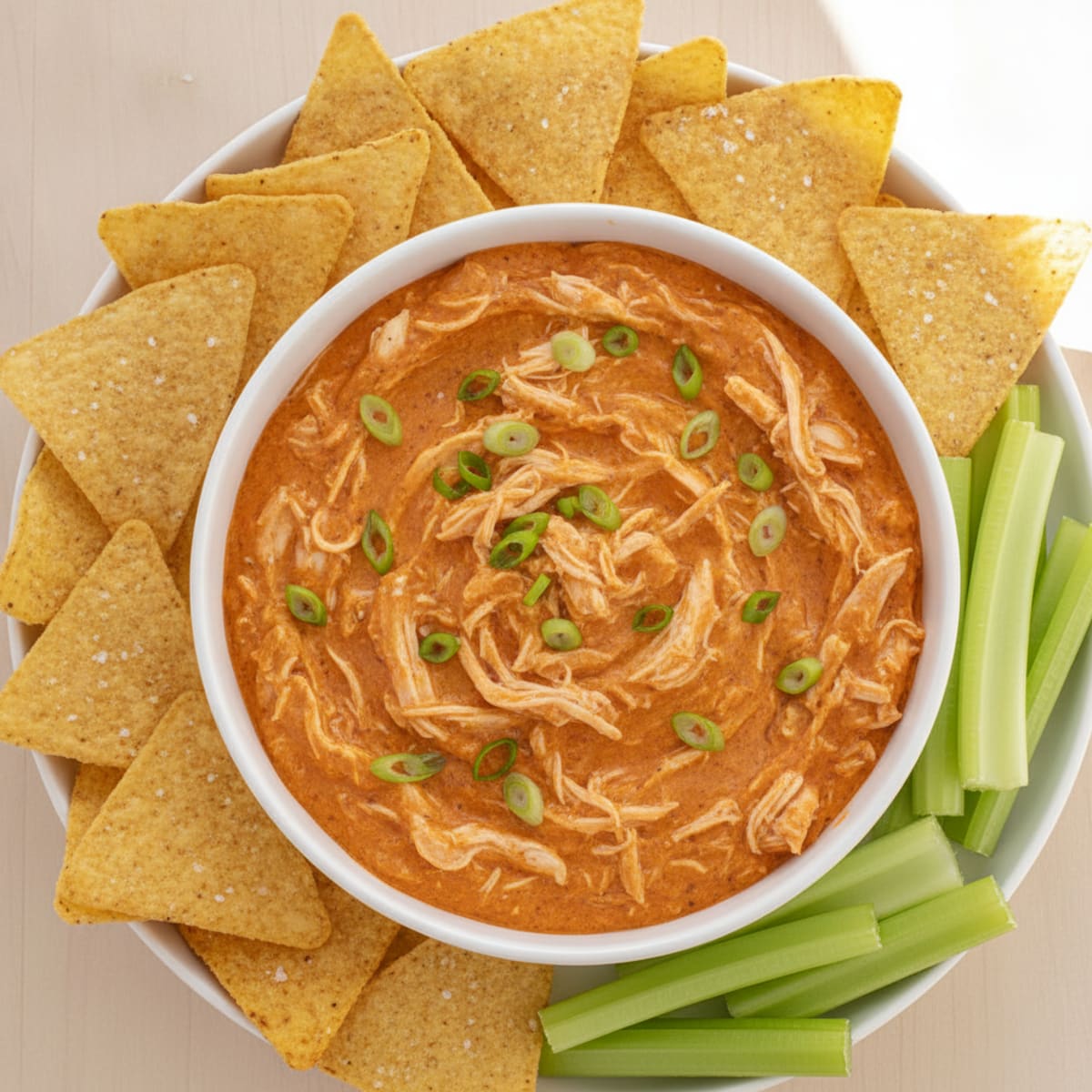 Clean Buffalo Chicken Dip with Tortilla Chips