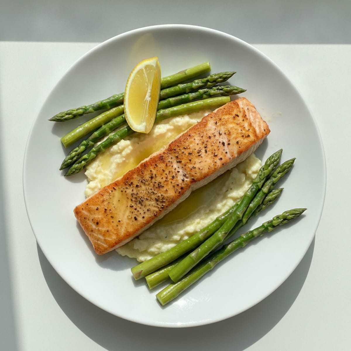 Seared Salmon with Steamed Asparagus and Cauliflower Mash