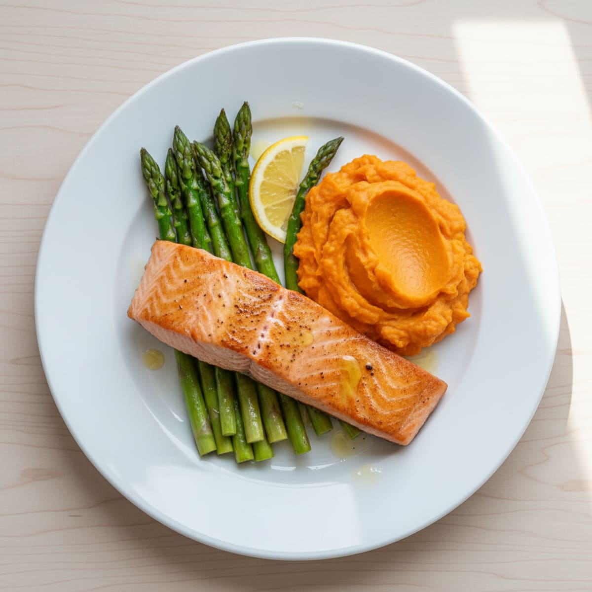 Seared Salmon with Roasted Asparagus and Sweet Potato Mash