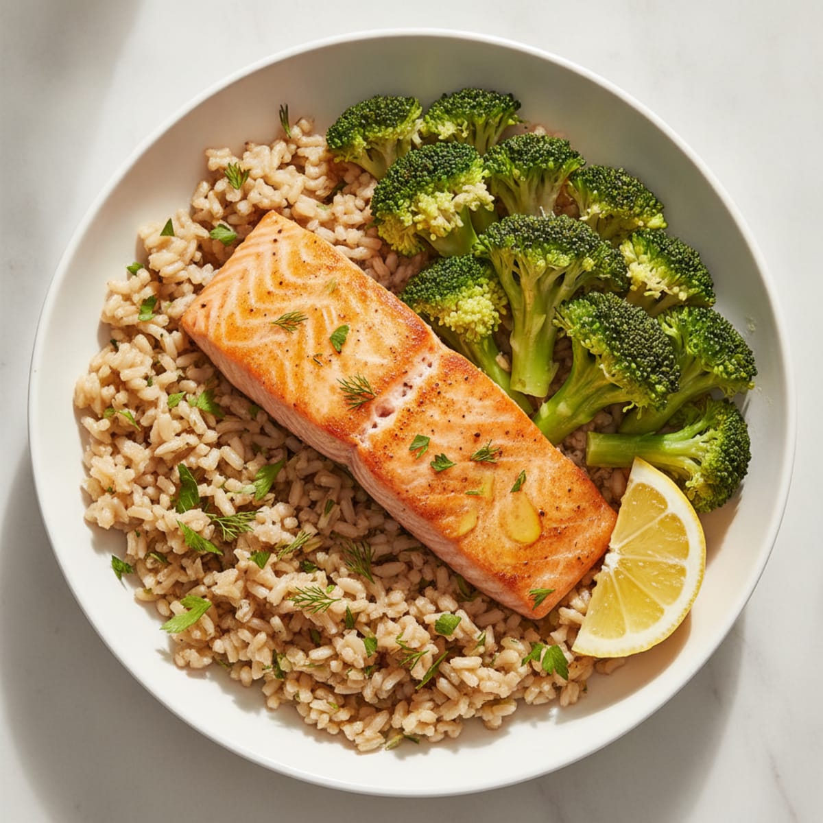 Seared Salmon with Steamed Broccoli and Herbed Brown Rice