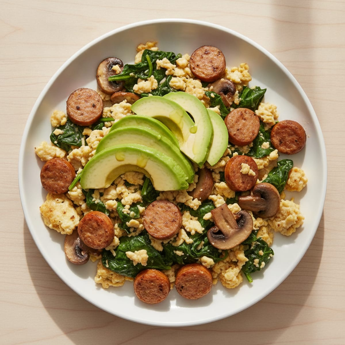 Egg White Spinach Scramble with Turkey Sausage and Sautéed Mushrooms