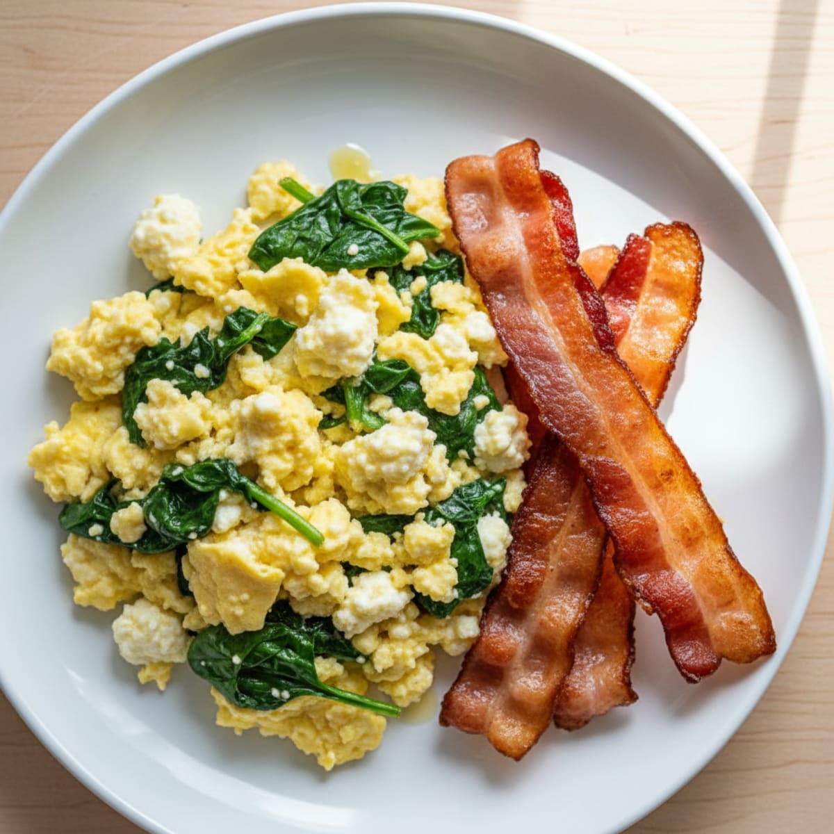 Cottage Cheese Egg Scramble with Spinach and Turkey Bacon