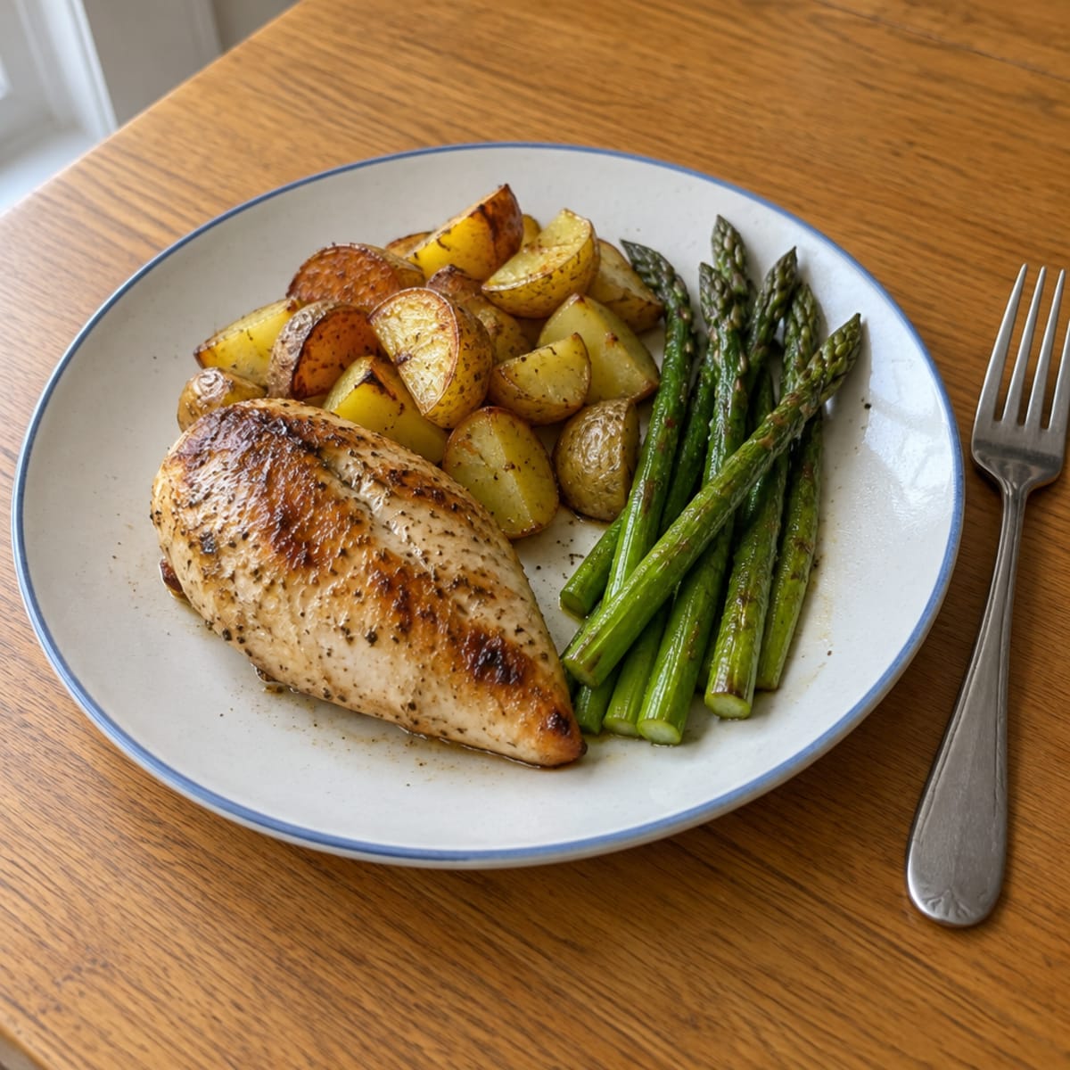 Roasted chicken with asparagus and potatoes