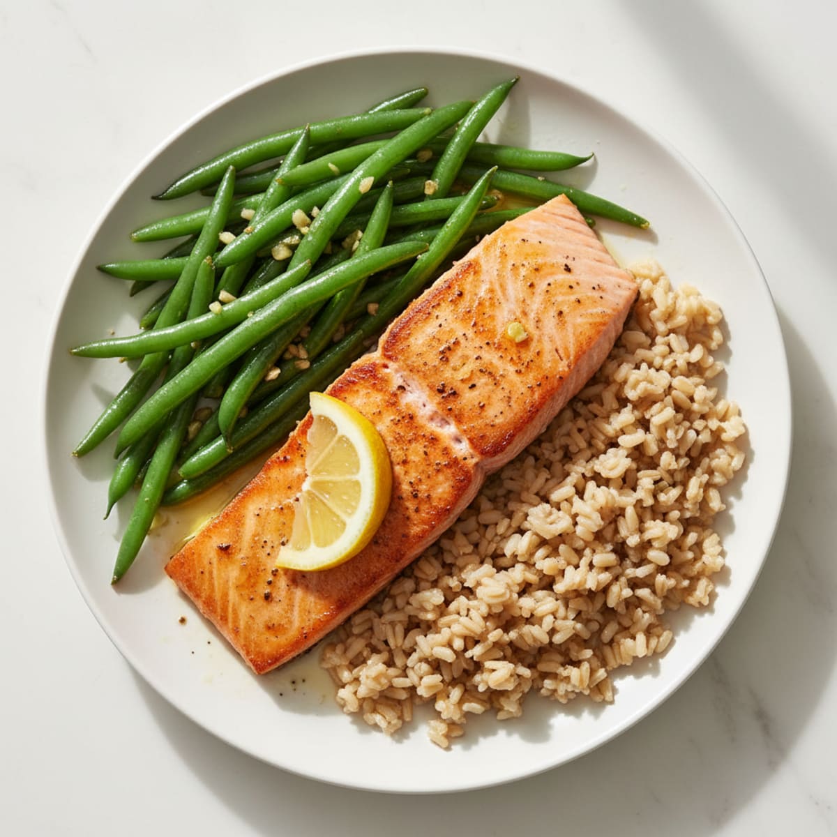 Seared Salmon Fillet with Garlic Green Beans and Brown Rice