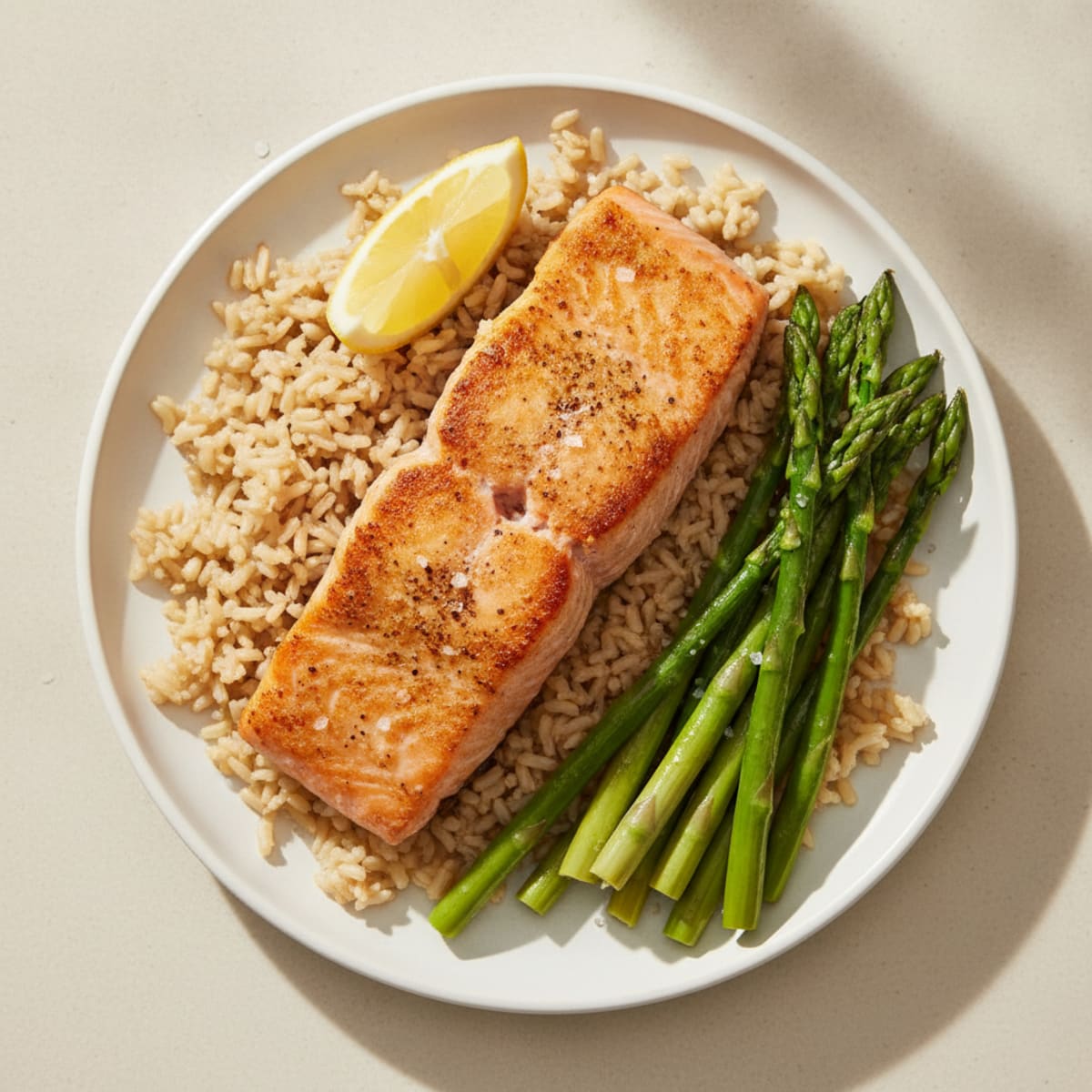 Seared Salmon Fillet with Steamed Asparagus and Brown Rice