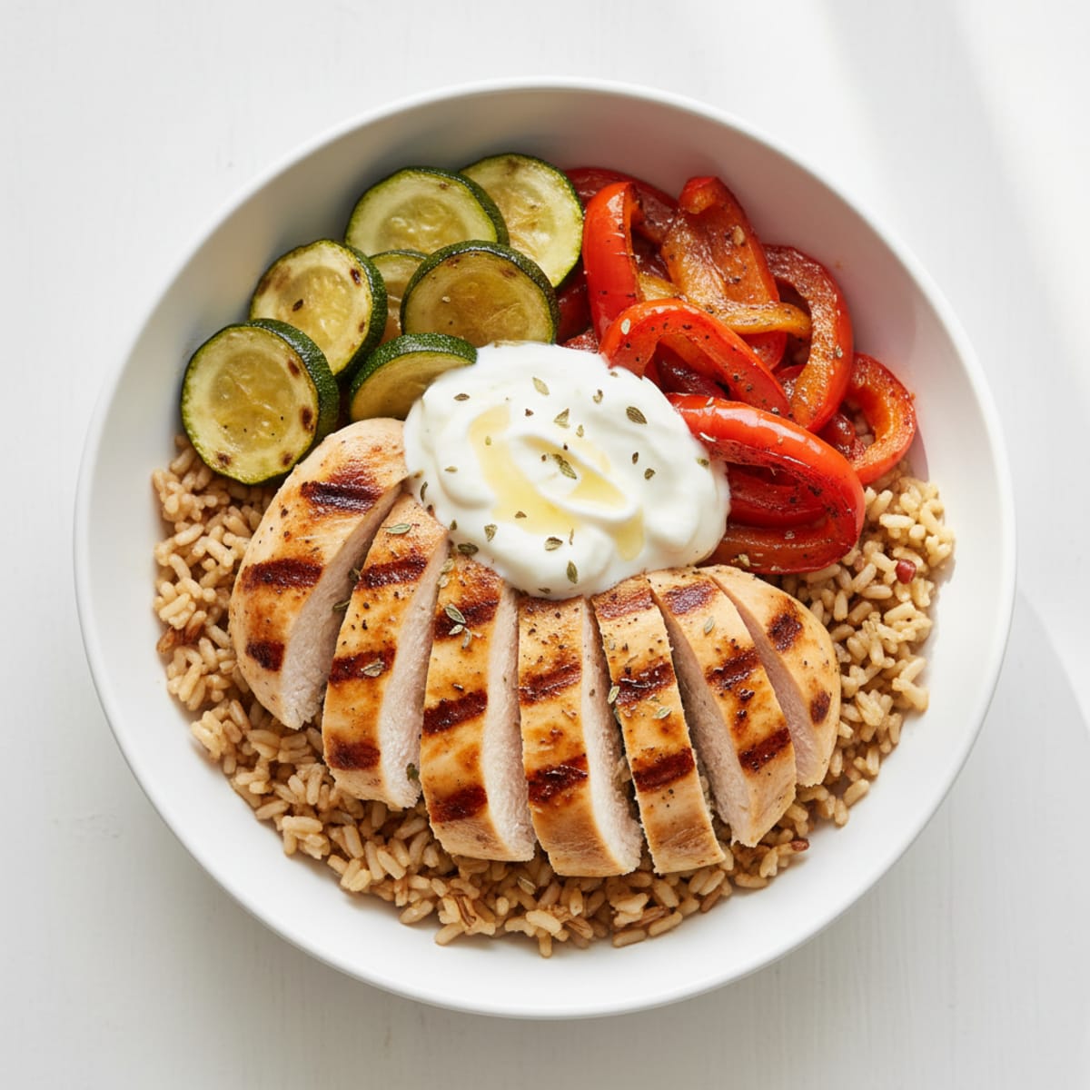 Grilled Chicken Rice Bowl with Roasted Vegetables